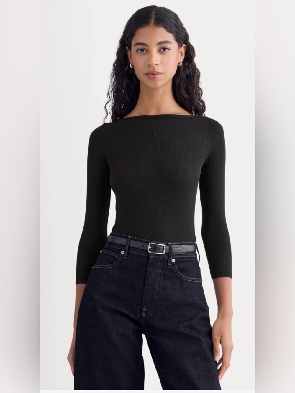 New Everlane LUXE RIB 3/4 SLEEVE BOATNECK TEE Black Size XL